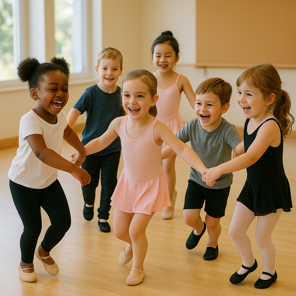 Fröhliche Kinder tanzen gemeinsam im Kindergartenkreis. Quelle: DALL·E / ChatGPT