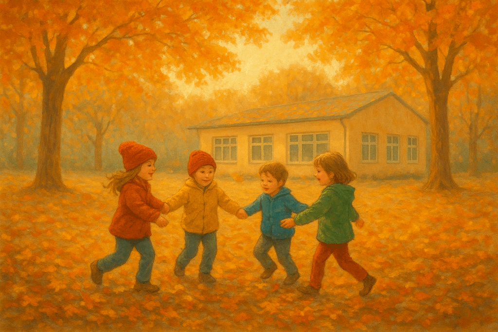 „Kinder spielen im herbstlichen Laub vor ihrem Kindergarten.“ Quelle: Bild erstellt mit KI (ChatGPT, OpenAI, 2025).