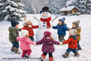 Winterfreude im Kreis – Kinder tanzen Hand in Hand um einen Schneemann. Foto: KI-generiert mit Dall-E by ChatGPT