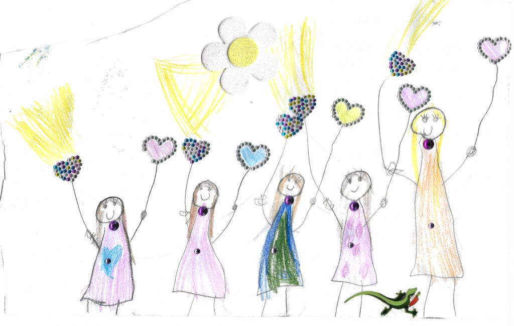Ein fröhlicher Gruß zum Ende des Tanzjahres: Kinder, Tanz, Freude und viele bunte Momente. Zeichnung: „Mavi S.“