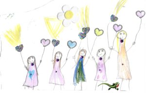 Ein fröhlicher Gruß zum Ende des Tanzjahres: Kinder, Tanz, Freude und viele bunte Momente. Zeichnung: „Mavi S.“